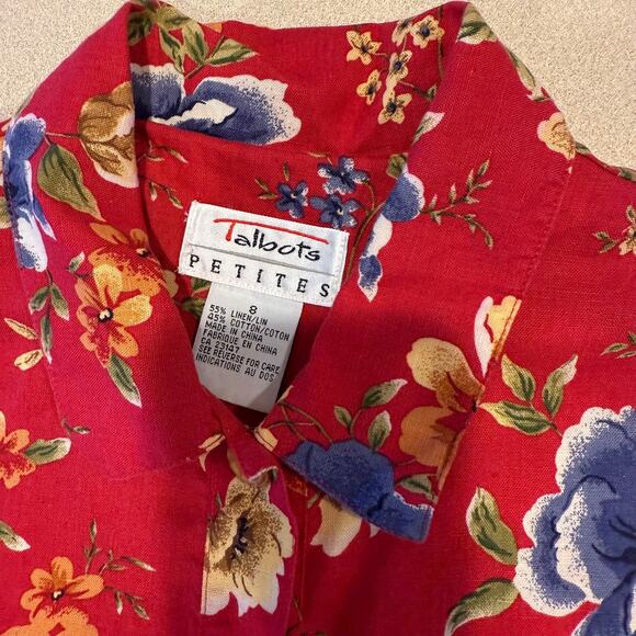 Talbots Floral Red Shirt Dress SZ 8 Linen Cotton Button Down Cottagecore  Fall - Picture 5 of 7